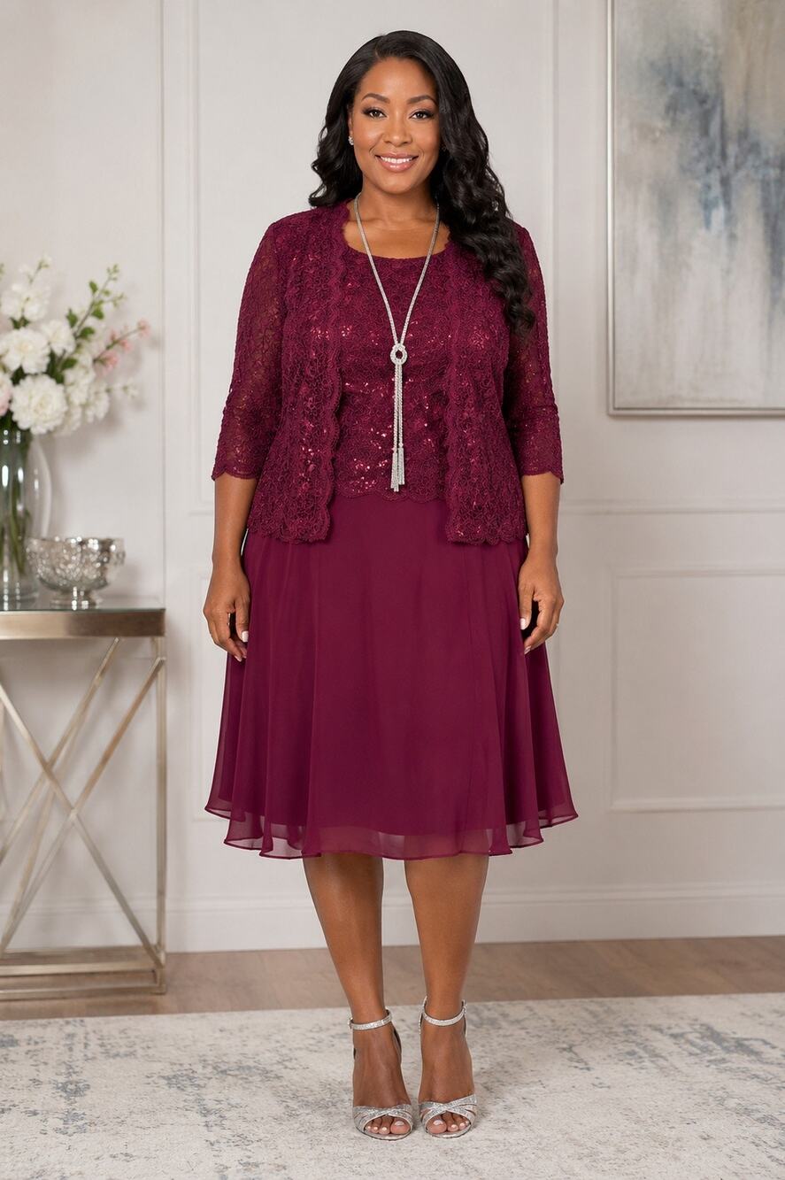 NWT R&M Richards 2 Pc Burgundy Sequin Lace Mother Bride Dress Jacket Set Size 10